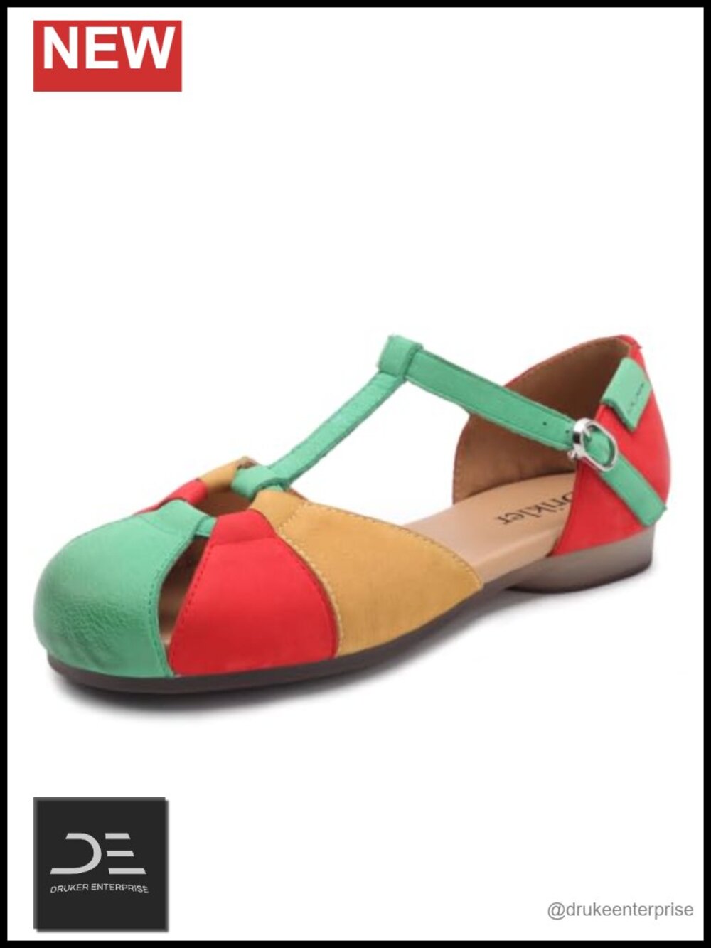 Women's Leather Low Heel Flat Sandals Adjustable T-Strap Closed Toe Summer